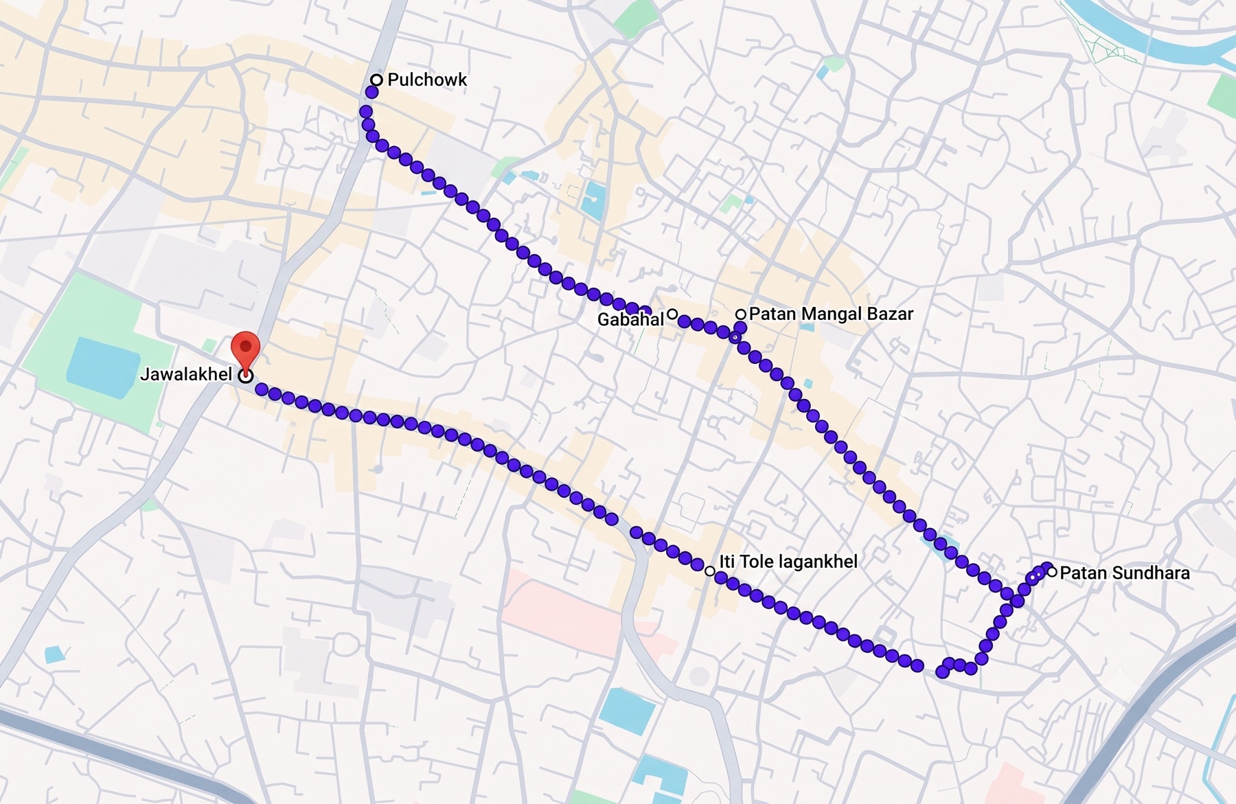 Map of the Rato Macchindranath chariot route through Patan, running from Pulchowk through Gabahal, Patan Mangal Bazar, Patan Sundhara and Iti Tole Lagankhel before ending at Jawalakhel